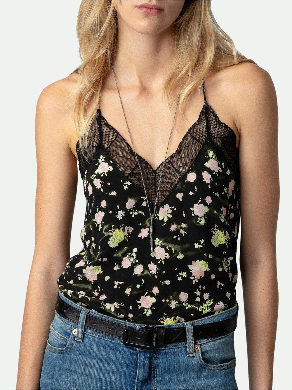 Zadig & Voltaire black floral-print camisole with lace neckline